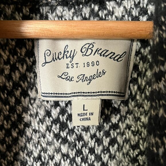 Lucky Brand L Grey Black Multi Pattern Wool Knit Plush Open Cardigan Sweater - Picture 3 of 7